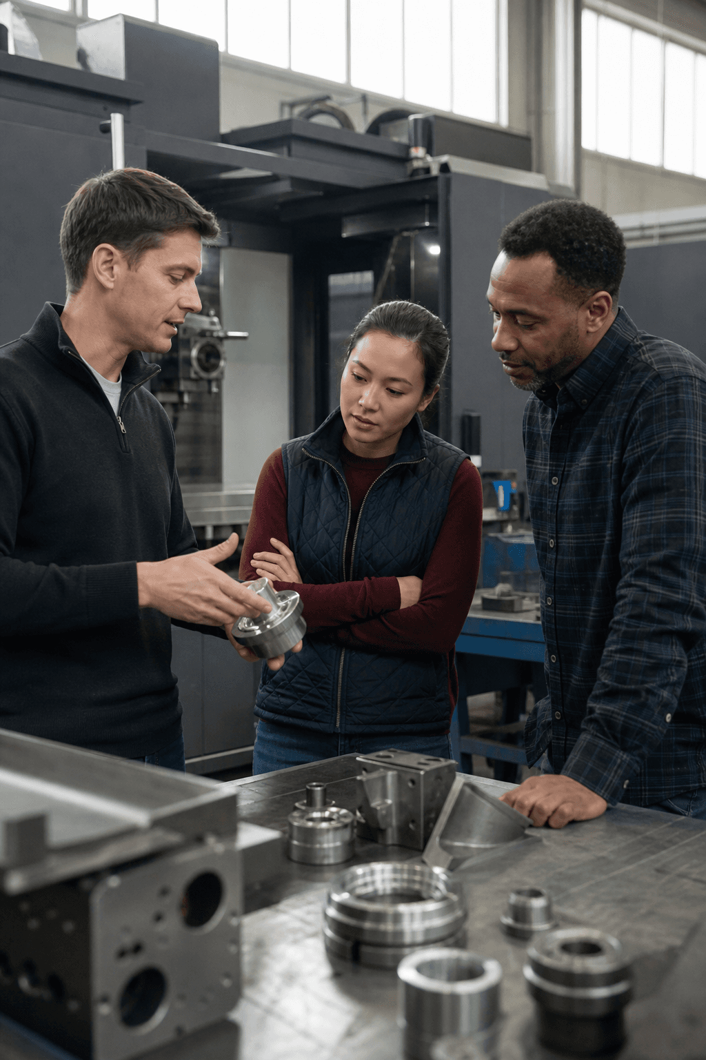 Operators collaborating inside an advanced manufacturing facility