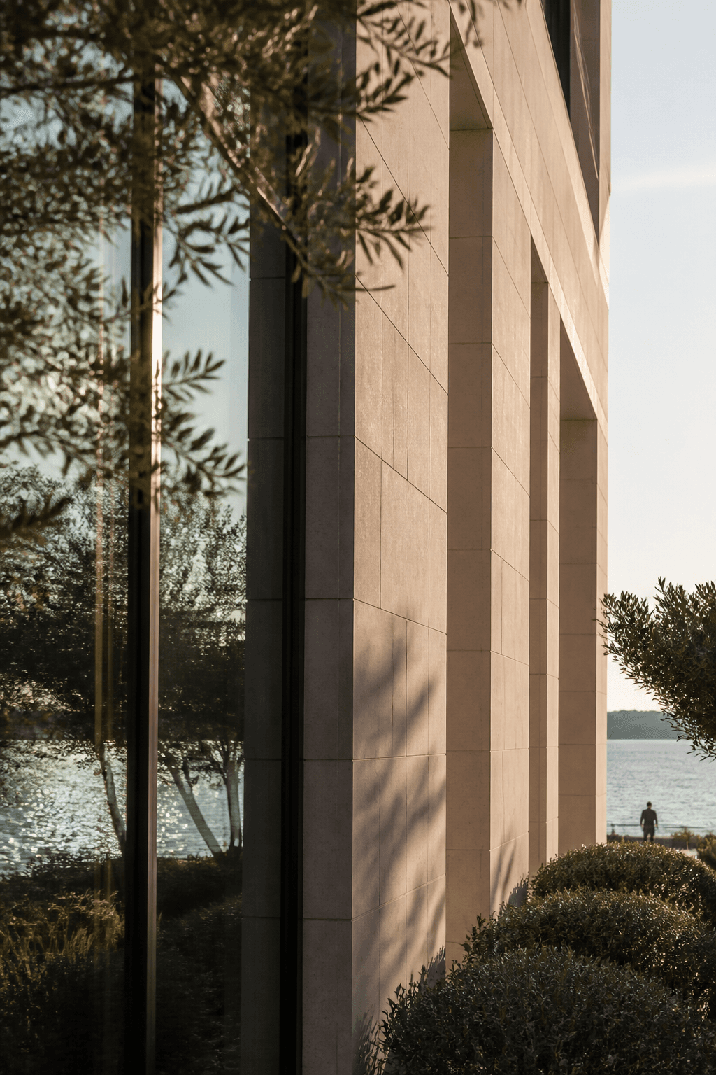 Sunlit contemporary architecture beside coastal landscaping